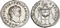 ROMAN COINS: ROMAN EMPIRE Roman Empire Denario. Acuñada el 79 d.C. TITO. Anv.: IMP. TITVS CAES. VESPASIAN. AVG. P. M. Cabeza laureada a derecha. Rev.: TR. P. IX. IMP. XV. COS. VIII. P.P. Tripode surmo