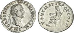 ROMAN COINS: ROMAN EMPIRE Roman Empire Denario. Acuñada el 98-99 d.C. TRAJANO. Anv.: IMP. CAES. NERVA. TRAIAN. AVG. GERM. Cabeza laureada de Trajano a derecha. Rev.: PONT. MAX. TR. POT. COS. II. Vesta