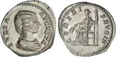 ROMAN COINS: ROMAN EMPIRE Roman Empire Denario. Acuñada el 196-211 d.C. JULIA DOMNA. Anv.: IVLIA AVGVSTA. Busto drapeado a derecha. Rev.: CERERI FRVGIF. Ceres sentada a izquierda con espigas y cetro. 