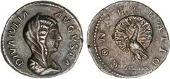 ROMAN COINS: ROMAN EMPIRE Roman Empire Denario. Acuñada el 196-211 d.C. JULIA DOMNA. Anv.: DIVA IVLIA AVGVSTA. Busto drapeado a derecha. Rev.: CONSECRATIO. Pavo real en pie a izquierda, con la cola ex