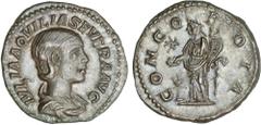ROMAN COINS: ROMAN EMPIRE Roman Empire Denario. Acuñada el 220 d.C. AQUILIA SEVERA. Anv.: IVLIA AQVILIA SEVERA AVG. Busto a derecha. Rev.: CONCORDIA. Concordia en pie a izquierda. 3,12 grs. Pátina. Be