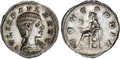 ROMAN COINS: ROMAN EMPIRE Roman Empire Denario. Acuñada el 219 d.C. JULIA PAULA. BELLA. Anv.: IVLIA PAVLA. Busto a derecha. Rev.: CONCORDIA. Concordia sentada a izquierda. 3,45 grs. AR. Pátina. C-6a; 