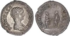 ROMAN COINS: ROMAN EMPIRE Roman Coins Denario. Acuñada el 202-212 d.C. PLAUTILLA. Anv.: PLAVTILLA AVGVSTA. Busto de Plautilla a derecha. Rev.: CONCORDIA FELIX. Caracalla y Plautilla en pie frente a fr