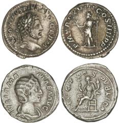 ROMAN COINS: ROMAN EMPIRE ROMAN COINS: ROMAN EMPIRE Roman Coins Lote 2 monedas Denario. CARACALLA y JULIA MAMAEA. AR. Caracalla P. M. TR. P. XVIII. COS. IIII. P. P. Paz en pie con rama y cetro y Julia