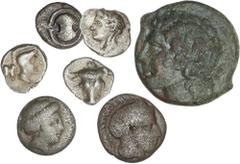 GREEK COINS GREEK COINS Ancient Greece Lote 7 monedas. DIFERENTES CECAS. Incluye 6 monedas de plata de módulo pequeño de diferentes cecas y tipos; Beocia, Massalia, Pisidia, Euboia y otra a identifica