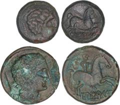 CELTIBERIAN COINS CELTIBERIAN COINS Celtiberian Coins Lote 2 monedas Semis y As. 120-20 a.C. ILTIRCESCEN (SOLSONA, Lleida). Anv.: Cabeza masculina a derecha, detrás espiga. Rev.: El As jinete con palm