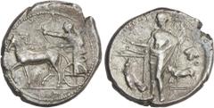 GREEK COINS Ancient Greece Tetradracma. 450-440 a.C. SELINOUS. SICILIA. Anv.: Apolo y Artemisa en cuadriga a izquierda, ella sosteniendo las riendas y Apolo disparando flechas desde el arco. Rev.: Sel