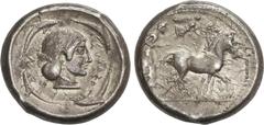 GREEK COINS Ancient Greece Tetradracma. 475-470 a.C. ACUÑADA BAJO EL REINADO DE HIERON I. SIRACUSA. SICILIA. Anv.: Cuadriga a derecha guiada por auriga, encima Nike volando coronando al tiro. Rev.: Ca