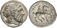 GREEK COINS Ancient Greece Tetradracma. 359-336 a.C. FILIPO II. AMPHIPOLIS. MACEDONIA. Anv.: Cabeza de Zeus laureado a derecha. Rev.: Jinete marchando a derecha, debajo delfín y monograma. 14,28 grs. 