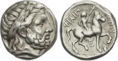 GREEK COINS Ancient Greece Tetradracma. 348-342 a.C. FILIPO II. AMPHIPOLIS. MACEDONIA. Anv.: Cabeza laureada de Zeus a derecha. Rev.: Jinete a derecha, encima leyenda, debajo monogramas. 14,2 grs. AR.