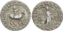 GREEK COINS Ancient Greece Tetradracma. 35 a.C.-5 d.C. AZES II. INDO-ESCITAS DEL PAQUISTÁN. Anv.: Jinete a caballo a derecha, alrededor leyenda. Rev.: Figura en pie a derecha, alrededor leyenda y mono