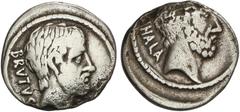 ROMAN COINS: ROMAN REPUBLIC Roman Coins Denario. 54 a.C. JUNIA. Q. Caepio Brutus. Anv.: BRVTVS. Cabeza de Junius Brutus el anciano a derecha. Rev.: AHALA. Cabeza de Servilius Ahala a derecha. 3,45 grs
