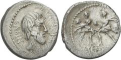 ROMAN COINS: ROMAN REPUBLIC Roman Coins Denario. 89 a.C. TITURIA. L. Titurius L.f. Sabinus. Anv.: Cabeza del rey Tatius a derecha delante monograma TA (nexado). Rev.: Dos guerreros romanos con dos sab