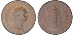 Domitien - Sesterce (81, Rome) A/ IMP CAES DIVI VESP F DOMITIAN AVG P M. Buste lauré à droite. R/ TR P COS VII DES VIIII P P / S C. Domitien debout à gauche. R TTB. C.566 (6f). Ae ; 22.34 gr ; 34 mm S