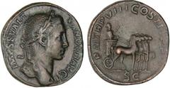 Alexandre Sévère - Sesterce (229, Rome) - Quadrige A/ IMP SEV ALEXANDER AVG. Buste nu et lauré à droite. R/ P M TR P VIIII COS III P P // SC. Alexandre dans un quadrige au pas, à droite, tenant un sce
