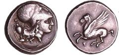 GREEK COINS Corinthe - Statère au Pégase (350-306 av. J.-C.) A/ A Tête casquée d'Athéna, amphore derrière la tête. R/ Anépigraphe. Pégase volant à gauche. TTB+ GC..2626-Ravel.160 Ar ; 8.44 gr ; 20 mm 