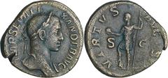ROMAN COINS Alexandre Sévère - Sesterce (230, Rome) A/ IMP SEV ALEXANDER AVG Buste lauré à droite. R/ VIRTVS AVGVSTI // SC. Alexandre en habits militaires, debout à gauche, le pied posé sur un casque,