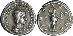 ROMAN COINS Julia Soémias - Denier (220, Rome) - Junon A/ IVLIA SOAEMIAS AVGVSTA. Buste nu à droite. R/ IVNO REGINA. Junon voilée, debout à droite, tenant un sceptre et une statuette de Pallas. TTB+ R