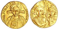 Justinien II - Solidus (705-711, Constantinople) A/ D N IhS ChS REX REGNANTIVM. Buste du Christ de face. R/ D N IVSTINIANVS ET TIbERIVS PP. Buste de Justinien et de Tibère de face, tenant une croix. R