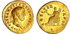 Vespasien - Aureus (70, Rome) - La Paix A/ IMP CAESAR VESPASIANVS AVG. Buste lauré de Vespasien à droite. R/ COS ITER TR POT. La Paix assise à gauche, tenant une branche d'olivier et un caducée. TTB+.