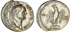 Vespasien - Denier (76, Rome) - Aigle A/ IMP CAESAR VESPASIANVS AVG. Buste de Vespasien à droite. R/ COS VII. Aigle déployé sur un autel, la tête tournée à gauche. TB+. C.121 (2f) Ar ; 3.37 gr ; 18 mm