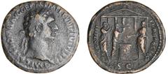 Domitien - As (88, Rome) A/ IMP CAES DOMIT AVG GERM P M TR P VIII CENS PER P P. Tête laurée à droite. R/ COS XIIII LVD SAEC FEC - SC. Domitien debout à gauche, tenant une patère et sacrifiant sur un a