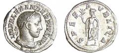 Alexandre Sévère - Denier (232, Rome) - L'Espérance A/ IMP ALEXANDER PIVS AVG Buste lauré à droite. R/ SPES PVBLICA L'Espérance marchant à gauche, tenant une fleur et relevant sa robe. SUP C.546-RCV.7