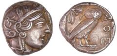 GREEK COINS Attique - Athènes - Tétradrachme (449-413 av. J.-C.) A/ Tête d'Athéna à droite, coiffée du casque attique à cimier. R/ ΑΘΕ. Chouette debout à droite, la tête de face. Le tout dans les rest