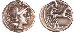 ROMAN REPUBLICAN COINS Anonyme - Denier (211-202 av. J.-C.) A/ Anépigraphe. Tête casquée de Rome à droite, derrière X. R/ ROMA en creux à l'exergue dans un cartouche en relief. Les Dioscures, Castor e