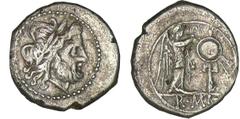ROMAN REPUBLICAN COINS Victoriatus - Denier (206-194 av. J.-C.) A/ Buste de Jupiter à droite. R/ ROMA. La Victoire tenant un trophée. R TTB RRC.112.1-RCV.59 ($384) Ar ; 2.84 gr ; 17 mm