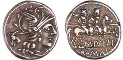 ROMAN REPUBLICAN COINS Junia - Denier (149 av. J.-C.) A/ Tête casquée de Rome, une croix derrière la nuque. R/ C.IVNI.C.F // ROMA. Castor et Pollux à cheval. SUP RRC.210.1-RCV.87 ($256) Ar ; 3.96 gr ;
