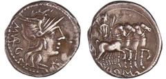 ROMAN REPUBLICAN COINS Vargunteia - Denier (130 av. J.-C.) A/ M.VARG. Tête casquée de Rome à droite, XVI sous le menton. R/ ROMA. Jupiter sur un quadrige. SUP RRC.257.1-RCV.133 ($240) Ar ; 3.85 gr ; 2