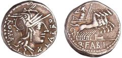ROMAN REPUBLICAN COINS Fabia - Denier (124 av. J.-C.) A/ ROMA / LABEO. Tête casquée de Rome à droite, X sous le menton. R/ Q. FABI. Jupiter dans un quadrige à droite. SUP RRC.273.1-RCV.148 ($240) Ar ;