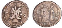 ROMAN REPUBLICAN COINS Furia - Denier (119 av. J.-C.) A/ M.FOVRI.L.F. Tête laurée de Janus. R/ ROMA / PHLI. Roma portant le casque corintien debout à gauche, une étoile au dessus. Derrière ROMA, le tr