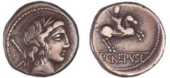 ROMAN REPUBLICAN COINS Crepusia - Denier (82 av. J.-C.) A/ Tête laurée d'Apollon à droite, un sceptre sur l'épaule et une corne d'abondance sous le menton. R/ P.CREPVSI. Cavalier à droite brandissant 