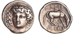 GREEK COINS Ligue Thessalienne - Larissa - Drachme (400-344 av. J.-C.) A/ Tête de la nymphe Larissa de face, les cheveux retenus par un bandeau. R/ ΛΑΡΙΣΑΙΩΝ. Cheval à droite, levant l'antérieur gauch