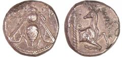 GREEK COINS Ionie - Ephèse - Tétradrachme (387-295 av. J.-C.) A/ ΕΦ. Abeille de face. R/ AΓΟΛΛΟΔΩPΟΣ. Protomé de cerf, un palmier derrière. TTB+ GC.4371 var-BMC.14.52.32 Ar ; 14.28 gr ; 23 mm