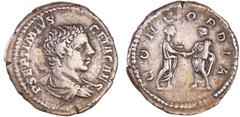 ROMAN COINS Géta - Denier (204, Rome) A/ P SEPTIMVS GETA CAES Buste jeune à droite. R/ CONCORDIA Caracalla et Plautille debout. RR TTB C.17 var-RIC.40 Ar ; 3.27 gr ; 20 mm Titulature absente du Cohen.