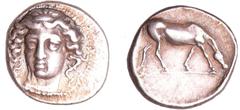 GREEK COINS Ligue Thessalienne - Larissa - Drachme (400-344 av. J.-C.) A/ Tête de la nymphe Larissa de face, les cheveux retenus par un bandeau. R/ Cheval à droite, levant l'antérieur gauche et brouta