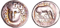 GREEK COINS Ligue Thessalienne - Larissa - Drachme (400-344 av. J.-C.) A/ Tête de la nymphe Larissa de face, les cheveux retenus par un bandeau. R/ ΛΑΡΙΣΑΙΩΝ. Cheval à droite, levant l'antérieur gauch