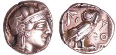 GREEK COINS Attique - Athènes - Tétradrachme (449-413 av. J.-C.) époque de Marathon A/ Tête d'Athéna à droite, coiffée du casque attique à cimier. R/ ΑΘΕ. Chouette debout à droite, la tête de face. Le