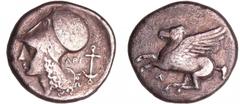 GREEK COINS Corinthe - Statère au Pégase (350-306 av. J.-C.) A/ Tête casquée d'Athéna. API et une ancre derrière la tête. R/ Anépigraphe. Pégase volant à gauche. TTB GC.2629/31-Ravel.1046 Ar ; 7.92 gr