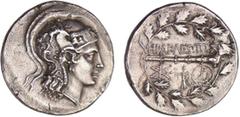 GREEK COINS Ionie - Héraclée du Latmos - Tétradrachme (150-142 av. J.-C.) A/ Tête casquée d'Athéna à droite, coiffée du casque attique à cimier à triple aigrette, ornée d'un Pégase volant et de quatre