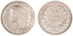 Netherlands Kingdom Koninkrijk NL Wilhelmina (1890-1948) - 25 Cents of kwartje 1891. Type 'Hangend Haar'. Portret van Koningin Wilhelmina op 10-jarige leeftijd met parelsnoer en loshangend haar naar l