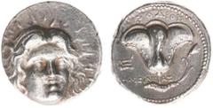 Ancient coinage / Greece Greece - Islands off Caria - Rhodes - AR Tetradrachm (c. 304-189 BC, 13.45g) - Ameinias, magistrate - Radiate head of Helios three quarters facing to right / Rose with bud in 