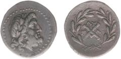 Ancient coinage / Greece Greece - Peloponnesos - Achaia / Achaian League - AR Triobol (Elis c. 175-168 BC, 2.44g) - Laureate head of Zeus right / Achaian League monogram, ΛY above, F-A across field, a