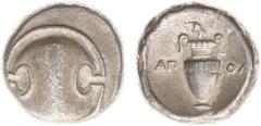 Ancient coinage / Greece Illyria and Central Greece - Boeotia - Thebes - AR Stater (c. 395-338 BC, 12.31g) - Apol--, magistrate - Boeotian shield / Amphora in incuse concave field, to left AΠ and to r