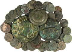 Ancient coins in lots - More than 40 Roman small folles mainly 4th century in worn condition - added 2 large replicas of Aes graves and 1 bronze item