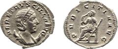 Roman Imperial Coinage - Herennia Etruscilla - AR Antoninianus (Rome, 3.41 gm.) - Diademed and draped bust right, set on crescent / Pudicitia, veiled, seated left, drawing veil and holding sceptre (RI