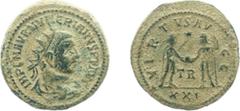 Roman Imperial Coinage - Numerianus (283-284) - AE Antoninianus (Tripolis 283-284 AD, 4.60 gm.) - Radiate and draped bust right / Numerianus receiving globe from Jupiter standing opposite, holding spe